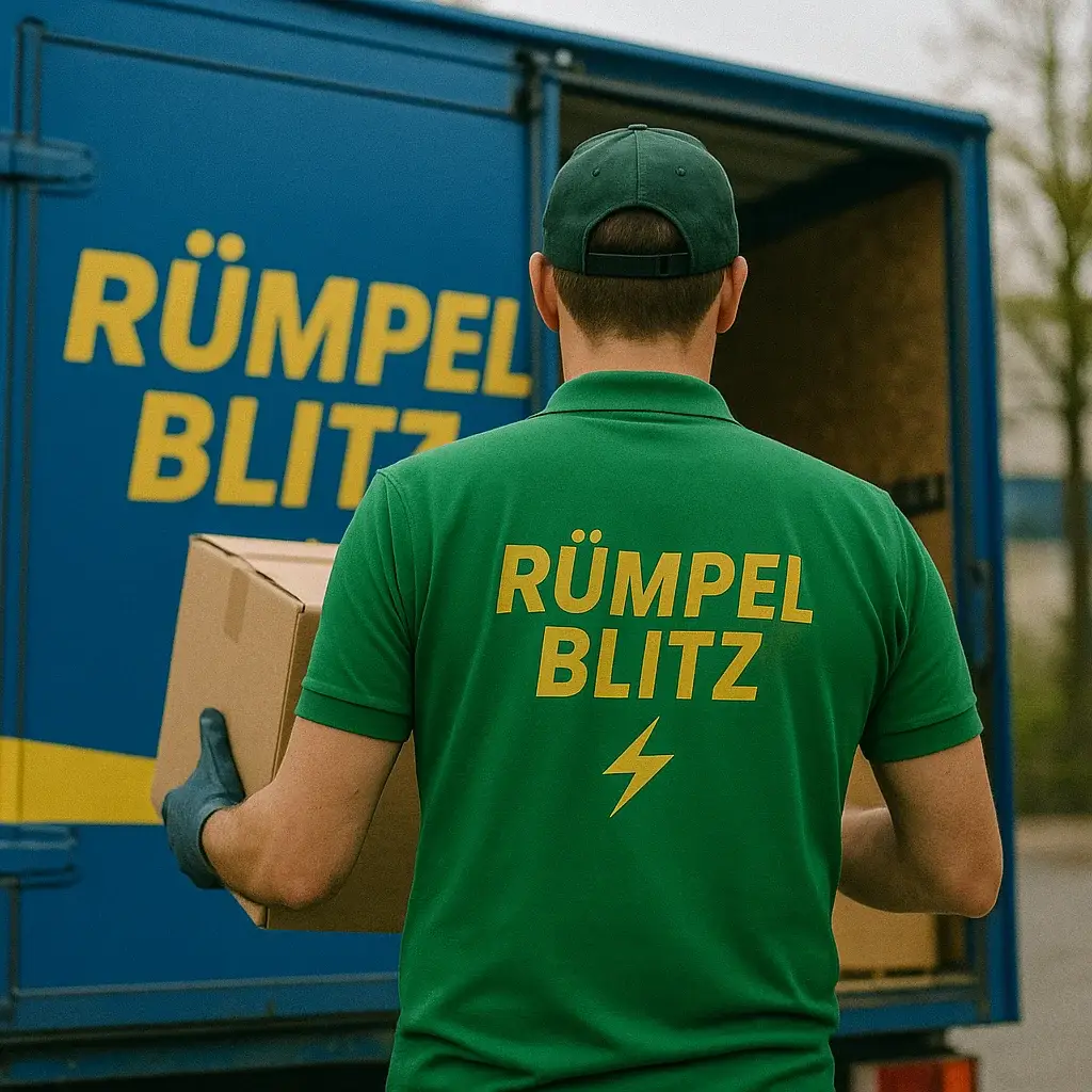 Rümpel Blitz Mitarbeiter in grünem Shirt lädt einen Karton in einen Transporter bei einer Haushaltsauflösung