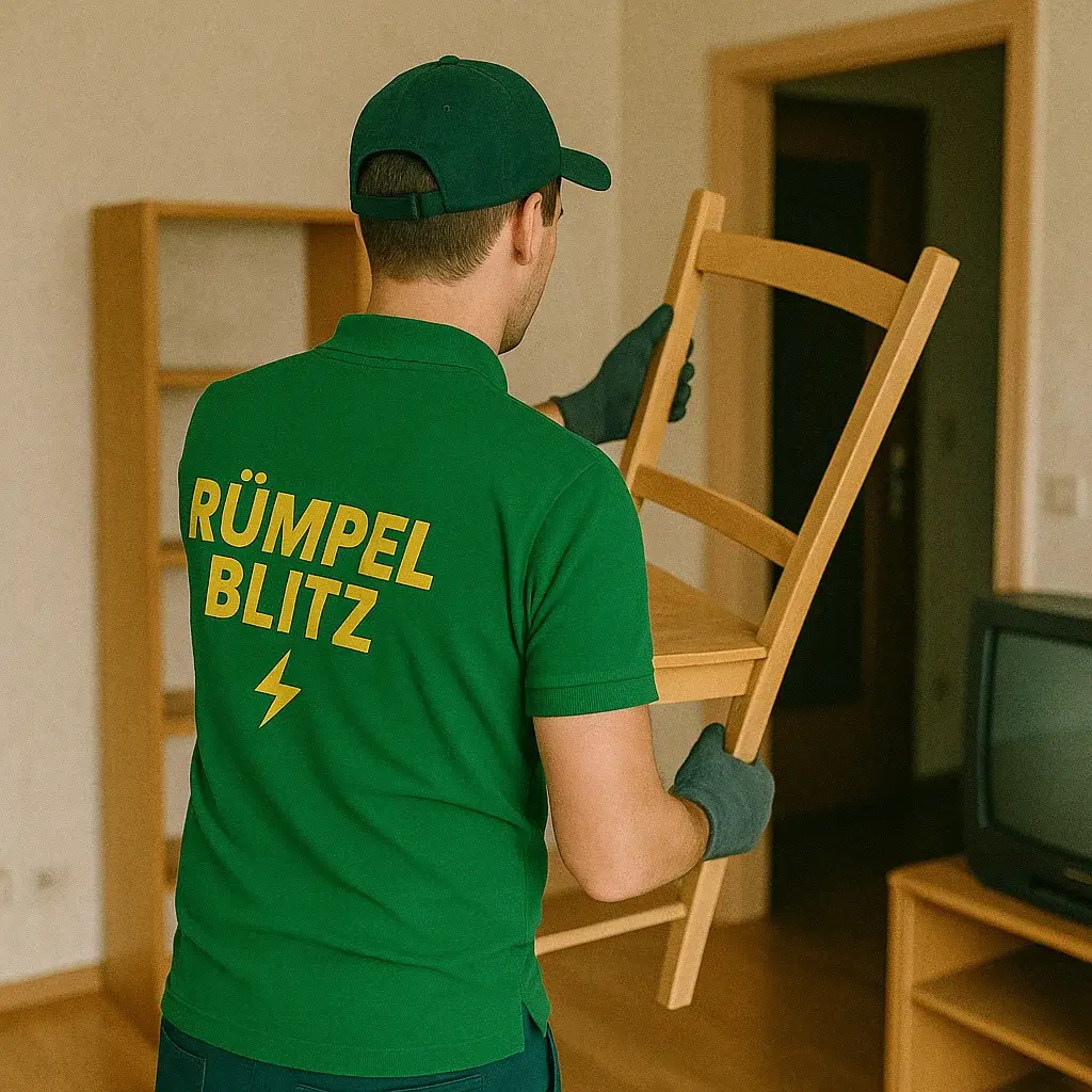 Mitarbeiter von Rümpel Blitz trägt einen Stuhl aus einer Wohnung bei einer Haushaltsauflösung