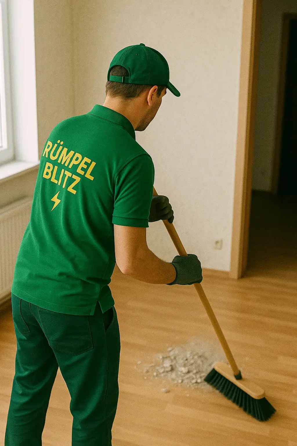 Rümpel Blitz Mitarbeiter fegt den Boden nach der Haushaltsauflösung in einem leeren Raum